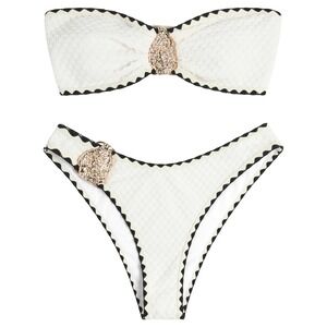 NWT Zaful Textured Bandeau Bikini Gold ORing Tie Back White Black Trim Small